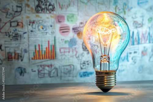 An illuminated lightbulb shines in front of a wall covered in colorful business strategy doodles and graphs, conveying the power of innovative ideas.