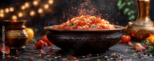 A Close-Up View of Spicy Tomato Rice Served in an Ornate Brass Bowl on a Rustic Wooden Table with a Festive Atmosphere, Illuminated by Warm Lighting.