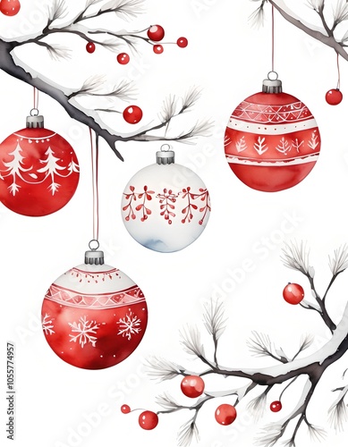 A minimalistic Merry Christmas wallpaper with simple red and white ornaments and snowy branches.