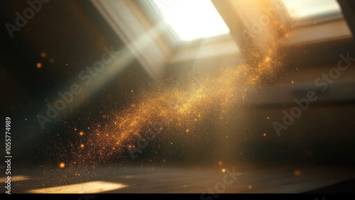 Dramatic dust particles with a nostalgic mood illuminated by sunlight against a warm indoor background.