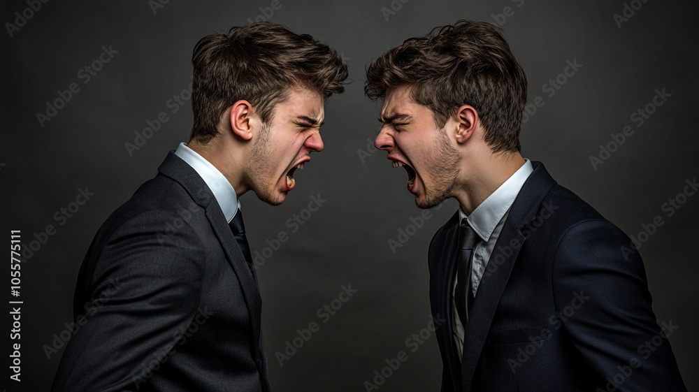 Two angry young men in suits shouting at each other in anger. Two angry young men in suits shouting at each other in anger.