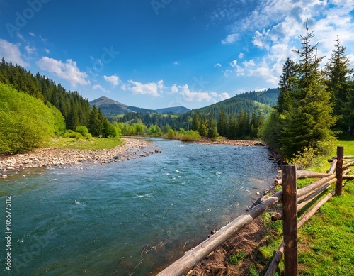 landscape with river among forested hills in spring on an sunny morning. water steam winding among grassy shores. mountainous countryside scenery in the rural valley of synevyr national park ukraine photo