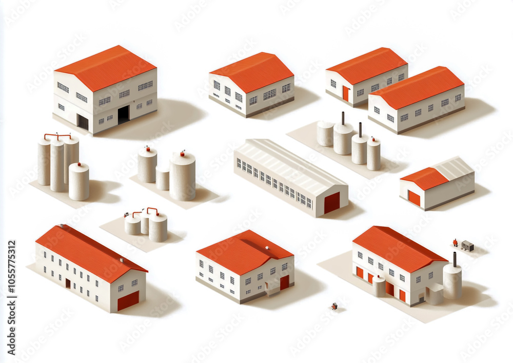 Factory buildings with red roofs and white pipes, vector style illustration, flat design, white background. Factory buildings with red roofs and white pipes, vector style illustration, flat design, white background.