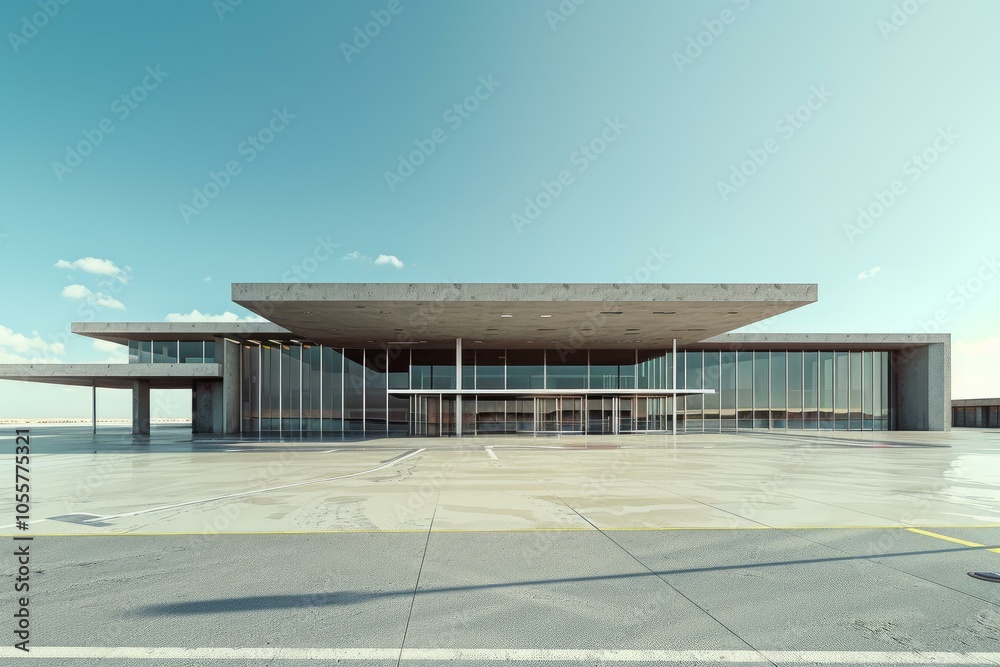 Fototapeta premium Large modern airport terminal building with concrete facade and glass windows