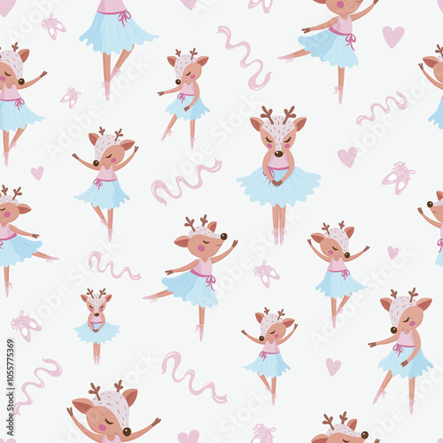 A seamless pattern with a ballet dancing deer girl, a cute girly ballet background in pastel colors, a kid character in various ballet postures, a deer ballerina wearing a tutu, pink ballet slippers 