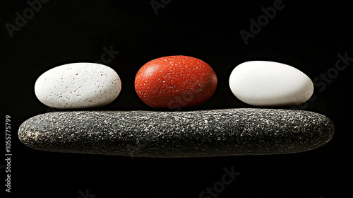 Three stones in red and white balanced on black background photo