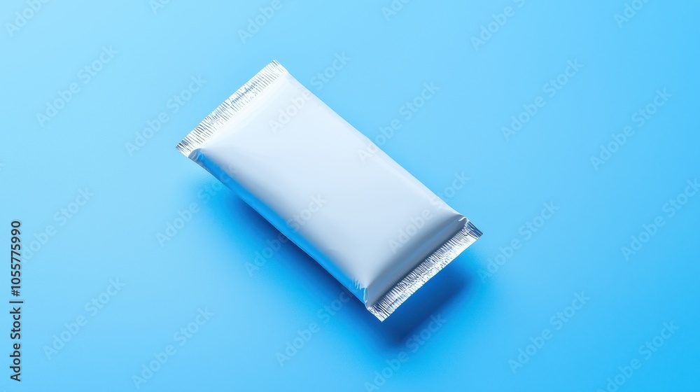 Shows a white candy bar with a bright blue background. The aluminium foil packaging is simple with no pattern and the candy bar is laid flat Shows a white candy bar with a bright blue background. The aluminium foil packaging is simple with no pattern and the candy bar is laid flat
