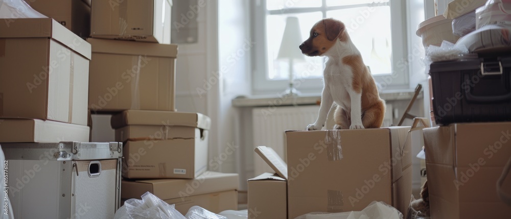 Fototapeta premium A curious puppy sits on moving boxes in a sunlit room, adding a touch of warmth and innocence to the organized chaos of a new beginning.