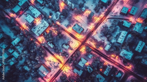 Aerial View of a Snowy Town at Night with Illuminated Streets and Buildings