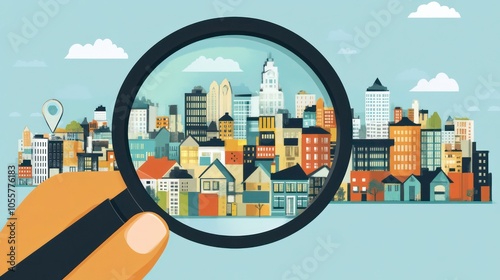 A hand holding a magnifying glass over a stylized cityscape with various buildings.