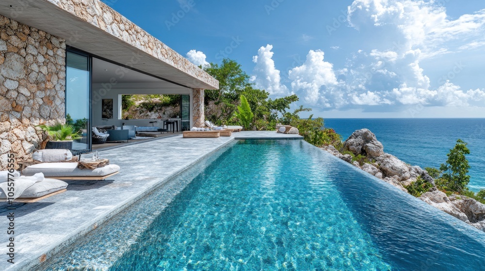 Fototapeta premium Modern villa with infinity pool overlooking the ocean.