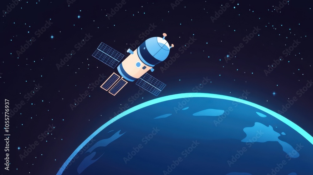 Cartoon Astronaut in Space Repairing Satellite