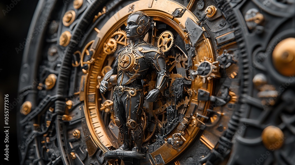 Fototapeta premium A mechanical clock with gears that turn a figure's movements