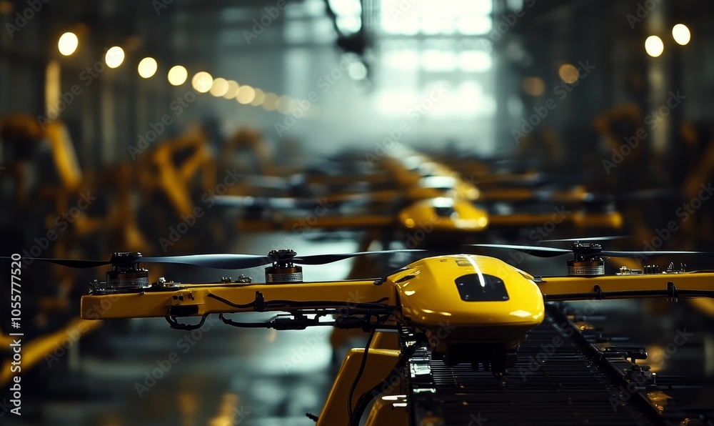 Yellow drone on a production line. Yellow drone on a production line.