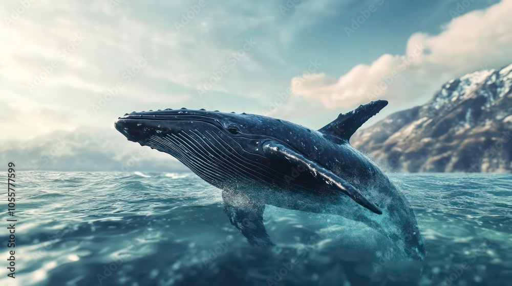 Fototapeta premium A humpback whale breaching the ocean surface against a dramatic landscape.