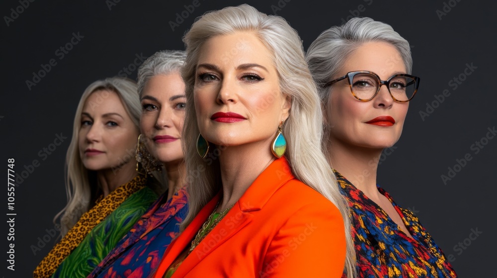 Portrait of group of middle aged women in line with colorful clothes. Skin care. Cosmetics. Anti-aging. Portrait of group of middle aged women in line with colorful clothes. Skin care. Cosmetics. Anti-aging.