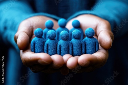 Protecting Our People: Hands carefully cradling a group of small blue figurines, symbolizing care, protection, and the value of community.  