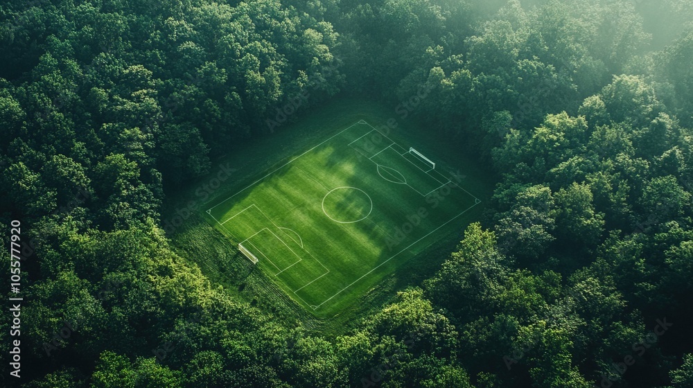 Aerial view of a green soccer field surrounded by lush forest greenery Aerial view of a green soccer field surrounded by lush forest greenery