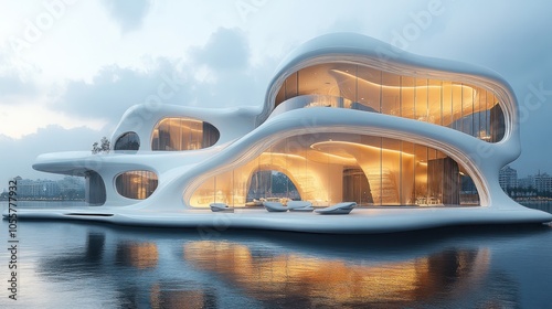 Modern architectural design featuring organic shapes by water.