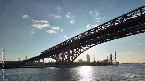 Osaka, Japan; 11 10 2024: Red bridge , Minato Bridge in Osaka.the symbol of Osaka Harbor