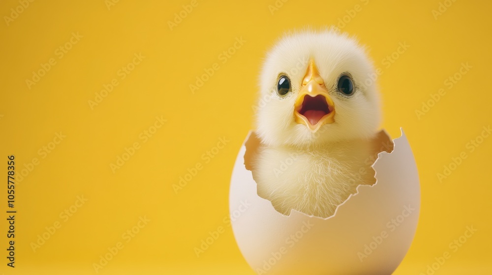 Cheerful Baby Chick Hatching from Egg in Bright Background Cheerful Baby Chick Hatching from Egg in Bright Background