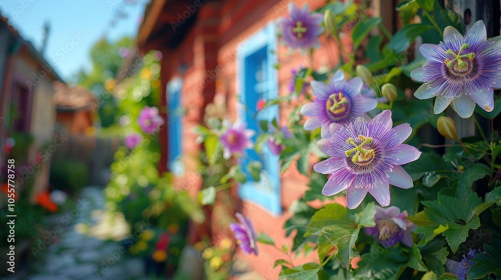 Purple passion flowers bloom against a rustic red wooden building with a blue window. Purple passion flowers bloom against a rustic red wooden building with a blue window.
