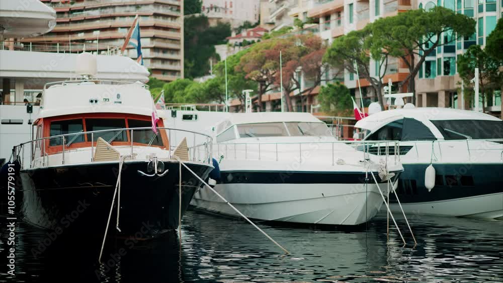 View of boats docked in the Monaco Marina with the skyline of the city on the background