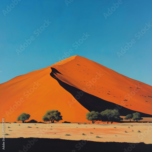 A sand dune in Sossusvlei, in an orange-red color, with extreme detail, a clear blue sky, a perfect shape photo