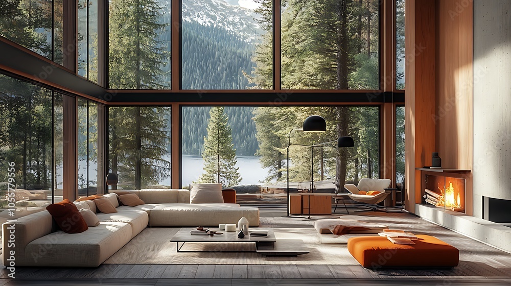 Fototapeta premium A cozy living room with a fireplace, large windows, and modern furniture