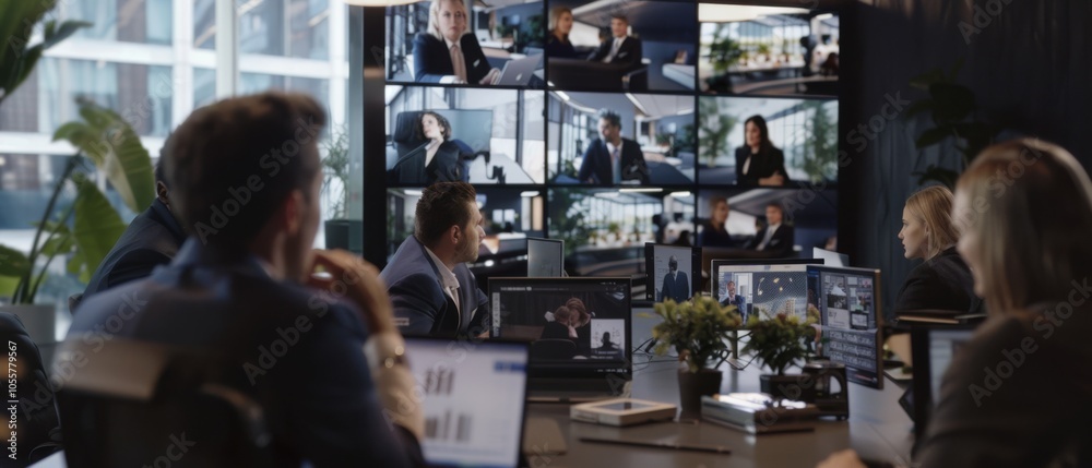 A modern conference room scene shows a group engaged in a virtual meeting, their focused faces lit by screens as digital images display colleagues across the globe. A modern conference room scene shows a group engaged in a virtual meeting, their focused faces lit by screens as digital images display colleagues across the globe.