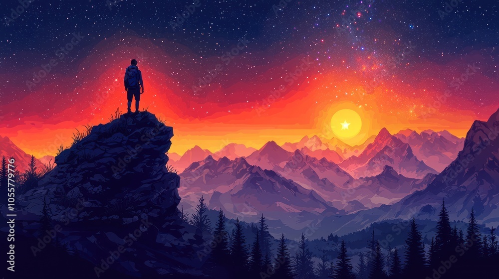 Fototapeta premium A lone figure silhouetted on a mountaintop at dusk with a starry night sky and distant mountain range.