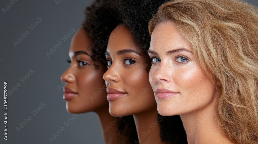 Obraz premium Portrait of group of middle aged women in line with colorful clothes. Skin care. Cosmetics. Anti-aging.