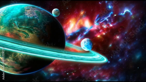 Visualize a futuristic planet with glowing rings and moons set against a deep space backdrop filled with stars and nebulas.