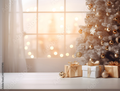 White & gold Christmas scene with presents, on table blurred bokeh lights and fairy lights with table