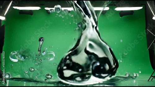 Water Droplets in Mid-Air on Green Screen Background