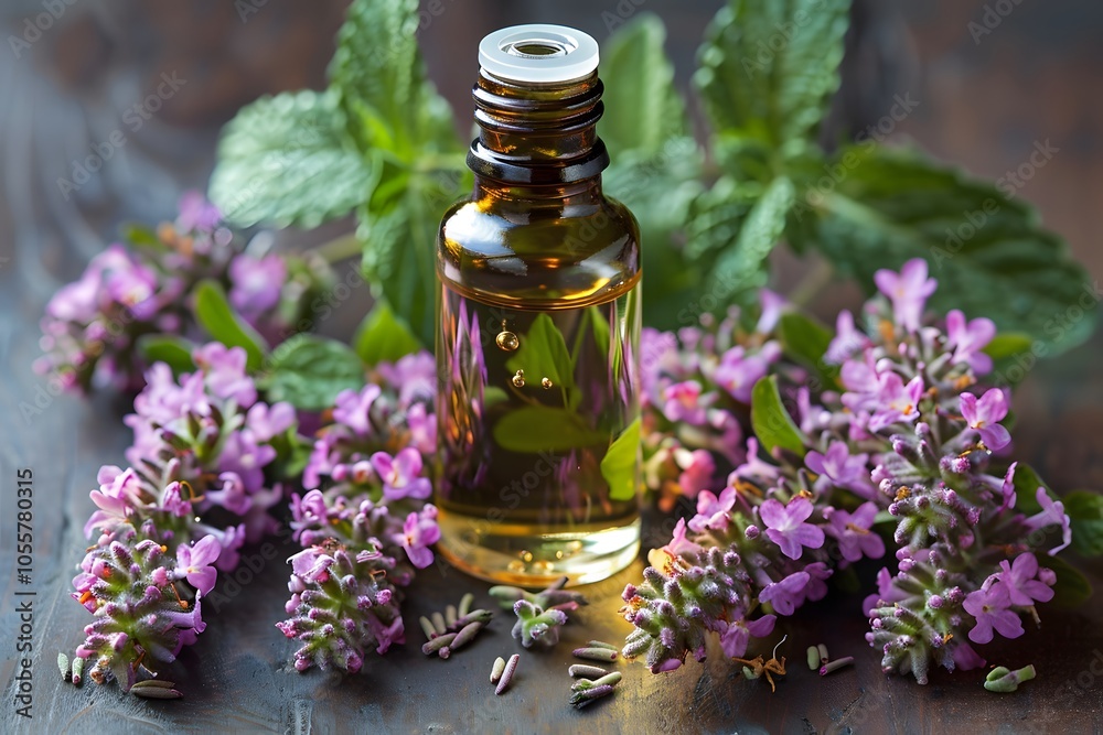 Lavender Essential Oil and Mint Leaves: Aromatherapy and Relaxation Concept Lavender Essential Oil and Mint Leaves: Aromatherapy and Relaxation Concept