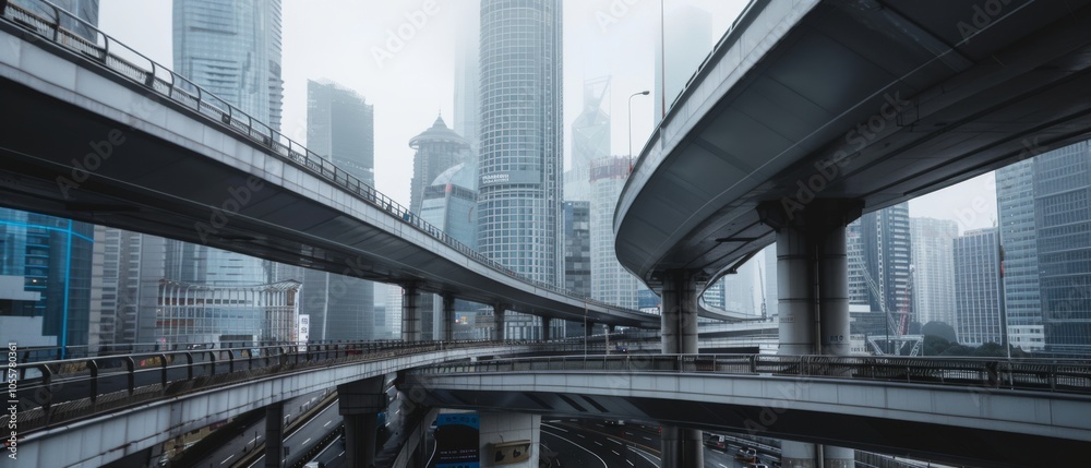 Futuristic elevated highways weave through a modern cityscape enveloped in mist, conveying a sense of connection and a maze of urban life. Futuristic elevated highways weave through a modern cityscape enveloped in mist, conveying a sense of connection and a maze of urban life.