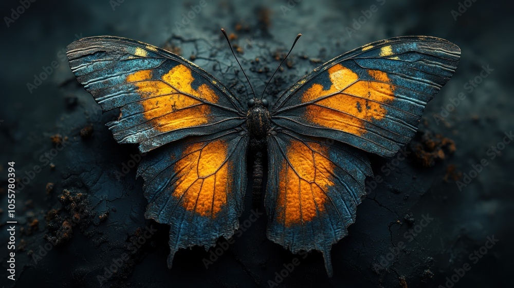 A close-up of a butterfly showcasing vibrant orange and blue wings. A close-up of a butterfly showcasing vibrant orange and blue wings.
