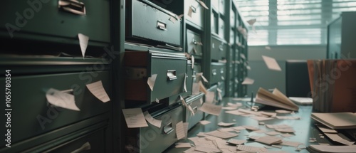 A chaotic scene of open file drawers and flying papers tells a tale of disorganization and urgency in a cluttered office setting.