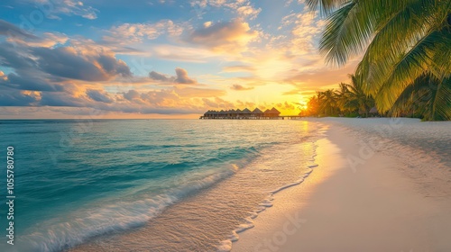 A serene beach sunset with gentle waves and palm trees lining the shore.