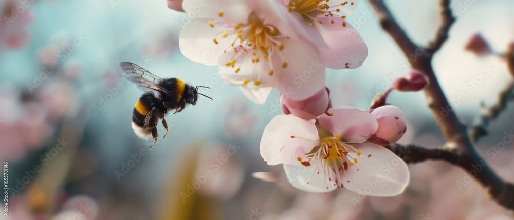 A bee hovers near cherry blossoms, encapsulating a delicate moment in nature’s cycle of life. A bee hovers near cherry blossoms, encapsulating a delicate moment in nature’s cycle of life.
