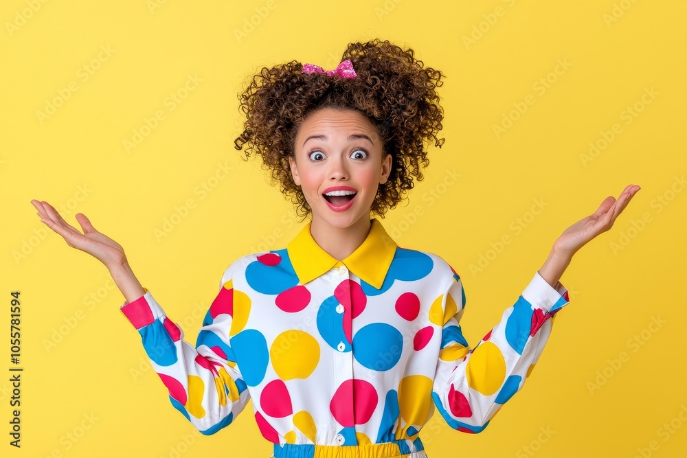 The photo shows a young woman wearing a colorful pullover looking above falling prices on a yellow colored background The photo shows a young woman wearing a colorful pullover looking above falling prices on a yellow colored background