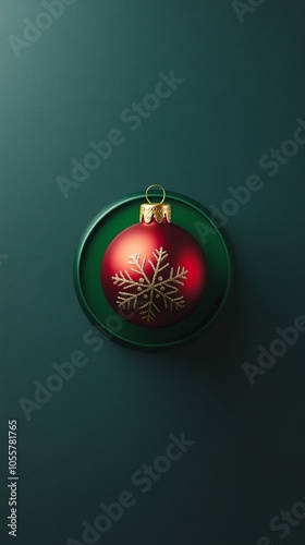 Elegant red Christmas bauble with golden snowflake design nestled in a circular cutout against a deep green background, evoking festive luxury.