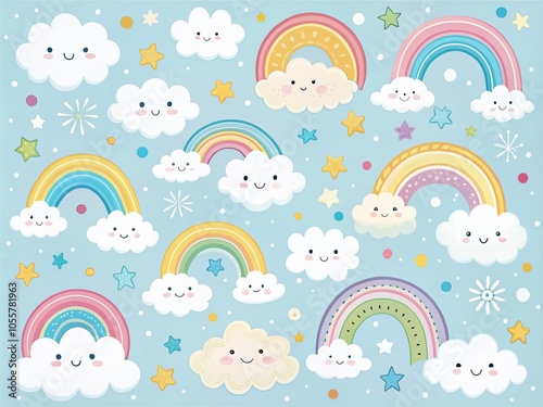 Cute Cloud and Rainbow Patterns in Hand-Drawn Style for Whimsical Designs