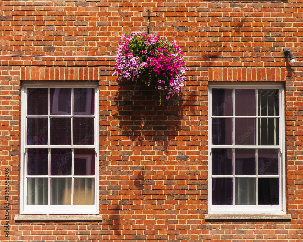 View of charming brick wall with vibrant flower basket and windows, Canterbury, England.