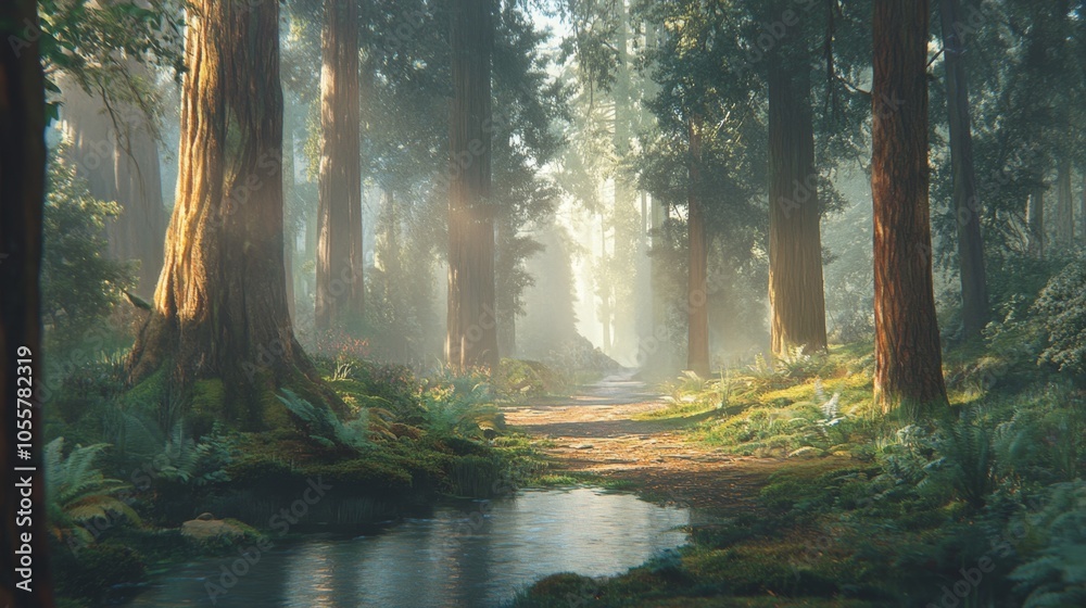 Sunbeams illuminate a path through a misty forest, a small stream running alongside. Sunbeams illuminate a path through a misty forest, a small stream running alongside.