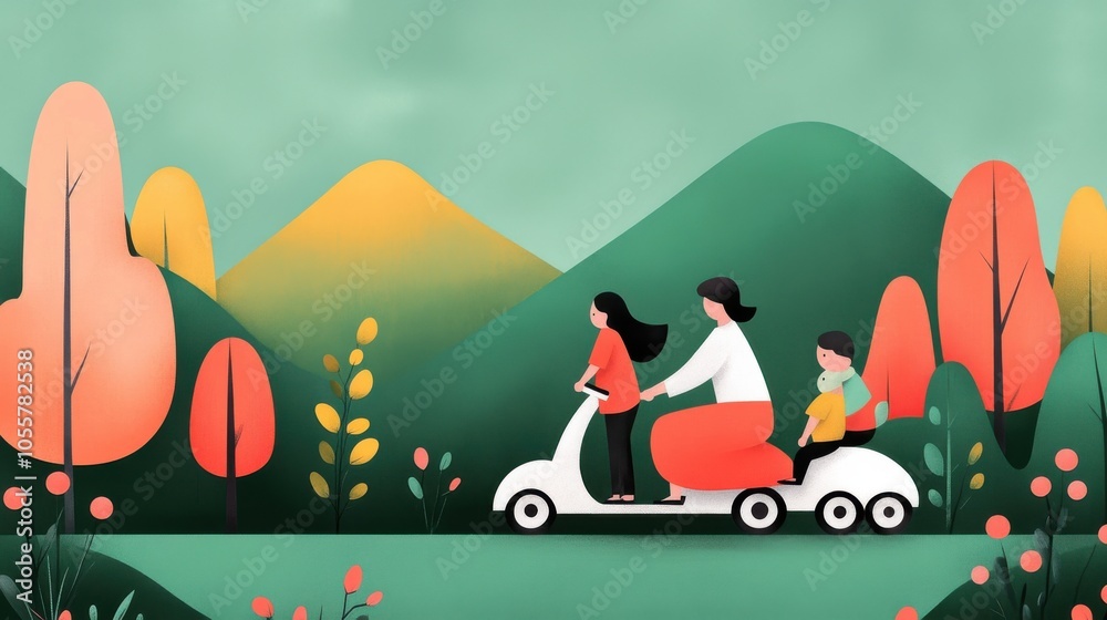 Fototapeta premium Family Riding Scooters Together in Cartoon Landscape