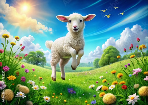 Cute Lamb of God Jumping in a Colorful Meadow of Flowers and Sheep - Urban Exploration Photography photo