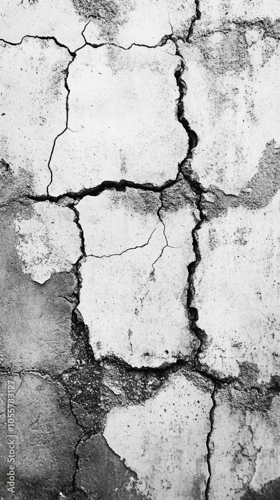 Weathered concrete wall with deep cracks and fissures, showcasing the raw beauty of decay and the passage of time in stark black and white tones.