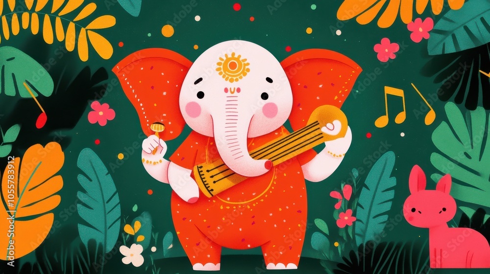 Naklejka premium Cartoon Elephant Playing a Musical Instrument